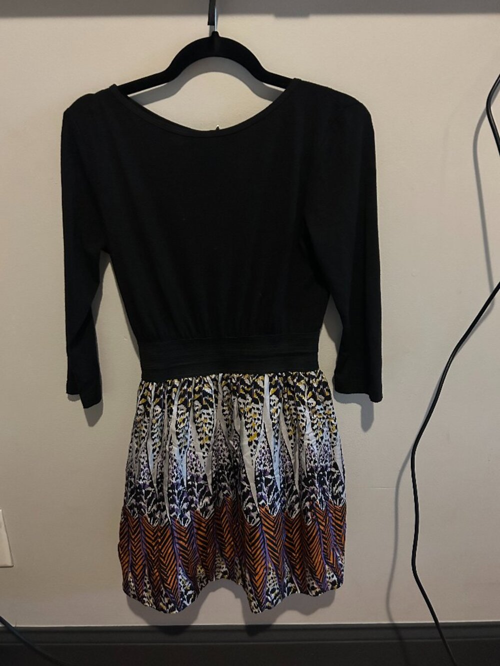 SOCA Black Mixed Print Dress Small Silk Contrast 3/4 Sleeve Fit Flare Made USA